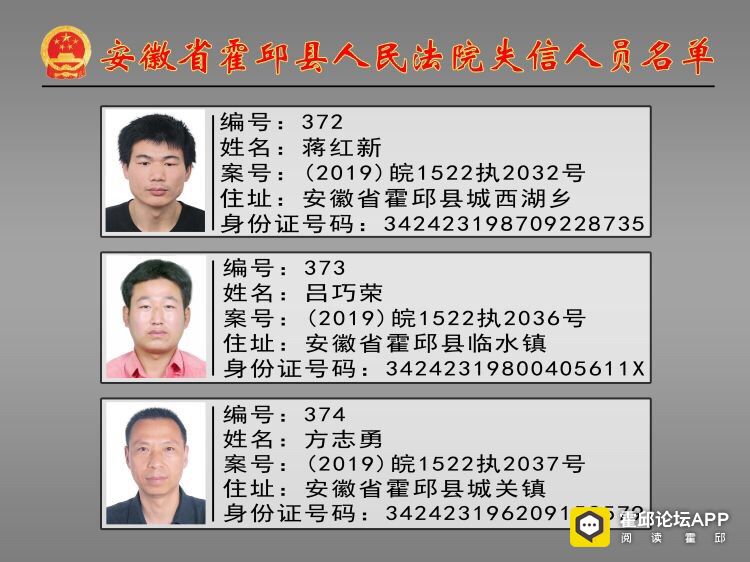 刚刚,霍邱法院曝光2019年第九批"老赖"名单,好丑家伙!